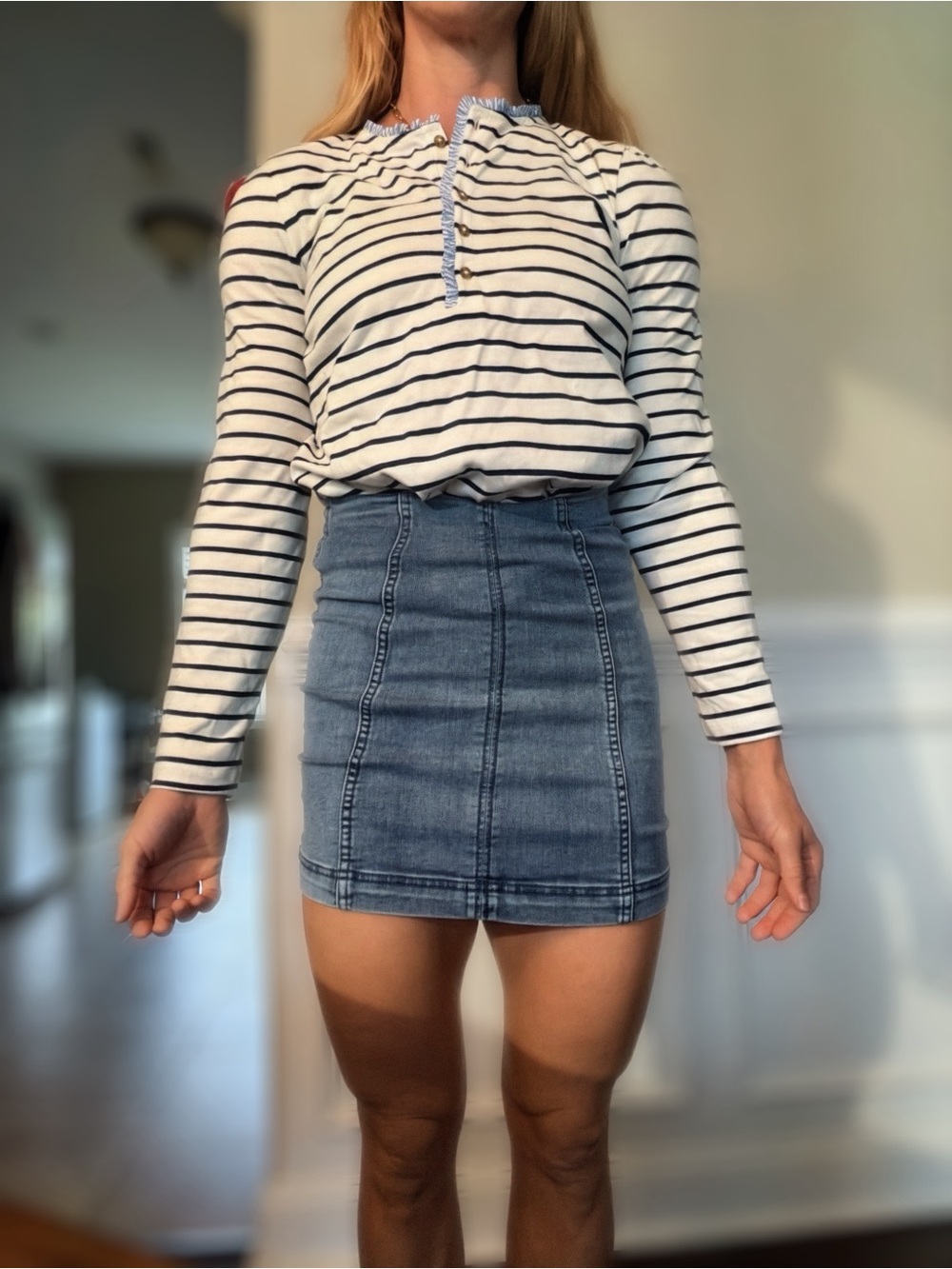J. Crew 100% cotton White & Navy Striped Long Sleeve Henley/ ruffle collar